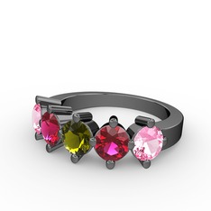 5 Taşlı Yüzük - Peridot, rodolit garnet ve pembe kuvars 925 ayar siyah rodyum kaplama gümüş yüzük #1iv2quz