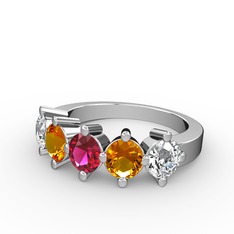 Rodolit garnet, sitrin ve beyaz zirkon 18 ayar beyaz altın yüzük
