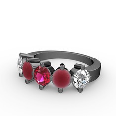 5 Taşlı Yüzük - Rodolit garnet, kök yakut ve pırlanta 925 ayar siyah rodyum kaplama gümüş yüzük (1.32 karat) #1izijgb