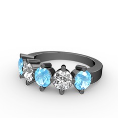 5 Taşlı Yüzük - Akuamarin ve swarovski 925 ayar siyah rodyum kaplama gümüş yüzük #1j1yhgv