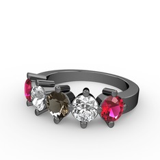 5 Taşlı Yüzük - Dumanlı kuvars, pırlanta ve rodolit garnet 925 ayar siyah rodyum kaplama gümüş yüzük (1.32 karat) #1jkwou4