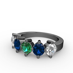 5 Taşlı Yüzük - Yeşil kuvars, lab safir ve beyaz zirkon 925 ayar siyah rodyum kaplama gümüş yüzük #1jqky50