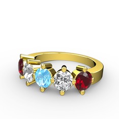 Akuamarin, beyaz zirkon ve garnet 14 ayar altın yüzük