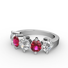 5 Taşlı Yüzük - Swarovski ve rodolit garnet 8 ayar beyaz altın yüzük #1k2m12j