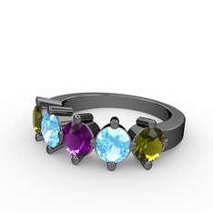 5 Taşlı Yüzük - Ametist, akuamarin ve peridot 925 ayar siyah rodyum kaplama gümüş yüzük #1k50mi6