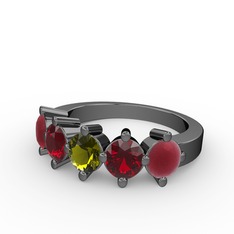 Peridot, garnet ve kök yakut 925 ayar siyah rodyum kaplama gümüş yüzük