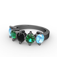 5 Taşlı Yüzük - Siyah zirkon, yeşil kuvars ve akuamarin 925 ayar siyah rodyum kaplama gümüş yüzük #1m18ezc