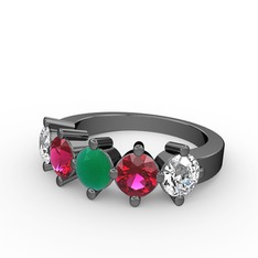 5 Taşlı Yüzük - Kök zümrüt, rodolit garnet ve beyaz zirkon 925 ayar siyah rodyum kaplama gümüş yüzük #1m5g5c1