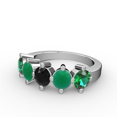 5 Taşlı Yüzük - Siyah zirkon, kök zümrüt ve yeşil kuvars 8 ayar beyaz altın yüzük #1m7di0t