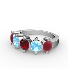 Garnet, akuamarin ve kök yakut 18 ayar beyaz altın yüzük