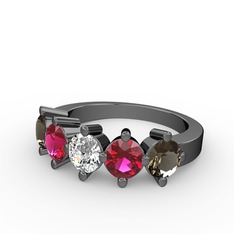 5 Taşlı Yüzük - Swarovski, rodolit garnet ve dumanlı kuvars 925 ayar siyah rodyum kaplama gümüş yüzük #1mgdt5z