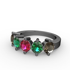 Rodolit garnet, yeşil kuvars ve dumanlı kuvars 925 ayar siyah rodyum kaplama gümüş yüzük