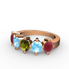 Peridot, akuamarin ve kök yakut 14 ayar rose altın yüzük