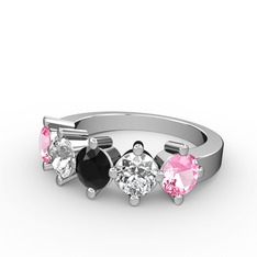 5 Taşlı Yüzük - Siyah zirkon, pırlanta ve pembe kuvars 14 ayar beyaz altın yüzük (1.32 karat) #1oeiec6