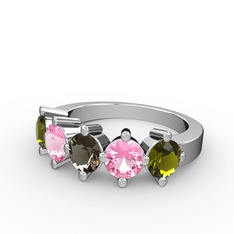 Dumanlı kuvars, pembe kuvars ve peridot 8 ayar beyaz altın yüzük