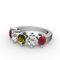Peridot, swarovski ve kök yakut 8 ayar beyaz altın yüzük