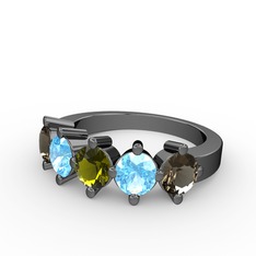 Peridot, akuamarin ve dumanlı kuvars 925 ayar siyah rodyum kaplama gümüş yüzük