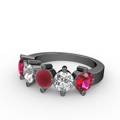 5 Taşlı Yüzük - Kök yakut, beyaz zirkon ve rodolit garnet 925 ayar siyah rodyum kaplama gümüş yüzük #1pq4yht