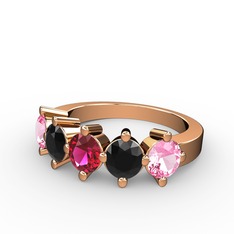 5 Taşlı Yüzük - Rodolit garnet, siyah zirkon ve pembe kuvars 18 ayar rose altın yüzük #1pv141p