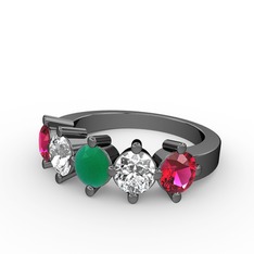 5 Taşlı Yüzük - Kök zümrüt, pırlanta ve rodolit garnet 925 ayar siyah rodyum kaplama gümüş yüzük (1.32 karat) #1q5m2t