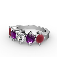 5 Taşlı Yüzük - Beyaz zirkon, ametist ve kök yakut 8 ayar beyaz altın yüzük #1q854hv