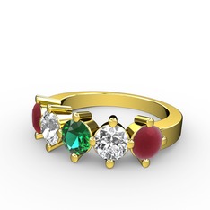 5 Taşlı Yüzük - Yeşil kuvars, beyaz zirkon ve kök yakut 18 ayar altın yüzük #1qxpmm6