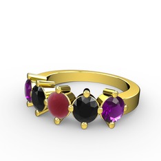 5 Taşlı Yüzük - Kök yakut, siyah zirkon ve ametist 14 ayar altın yüzük #1r2evl0