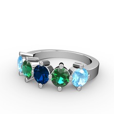 Lab safir, yeşil kuvars ve akuamarin 8 ayar beyaz altın yüzük