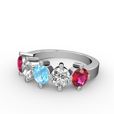 5 Taşlı Yüzük - Akuamarin, swarovski ve rodolit garnet 18 ayar beyaz altın yüzük #1rh357m