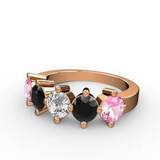 5 Taşlı Yüzük - Swarovski, siyah zirkon ve pembe kuvars 8 ayar rose altın yüzük #1ridvtr