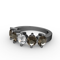 5 Taşlı Yüzük - Swarovski ve dumanlı kuvars 925 ayar siyah rodyum kaplama gümüş yüzük #1rshehm