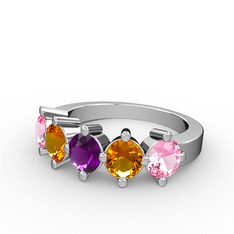 5 Taşlı Yüzük - Ametist, sitrin ve pembe kuvars 14 ayar beyaz altın yüzük #1rvr19f