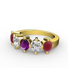 5 Taşlı Yüzük - Ametist, beyaz zirkon ve kök yakut 18 ayar altın yüzük #1s7dck9