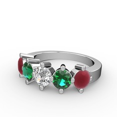 5 Taşlı Yüzük - Beyaz zirkon, yeşil kuvars ve kök yakut 8 ayar beyaz altın yüzük #1t2q64i