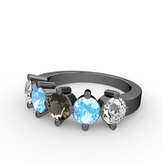 5 Taşlı Yüzük - Dumanlı kuvars, akuamarin ve swarovski 925 ayar siyah rodyum kaplama gümüş yüzük #1thx6ii