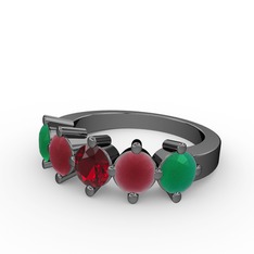 Garnet, kök yakut ve kök zümrüt 925 ayar siyah rodyum kaplama gümüş yüzük