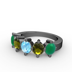 5 Taşlı Yüzük - Akuamarin, peridot ve kök zümrüt 925 ayar siyah rodyum kaplama gümüş yüzük #1tyspqi