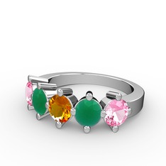 5 Taşlı Yüzük - Sitrin, kök zümrüt ve pembe kuvars 14 ayar beyaz altın yüzük #1u5nrej
