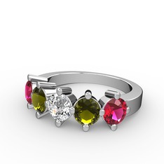 Pırlanta, peridot ve rodolit garnet 18 ayar beyaz altın yüzük (0.66 karat)