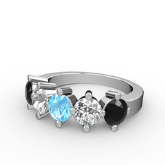 5 Taşlı Yüzük - Akuamarin, swarovski ve siyah zirkon 18 ayar beyaz altın yüzük #1uxq65o