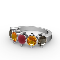 5 Taşlı Yüzük - Kök yakut, sitrin ve dumanlı kuvars 8 ayar beyaz altın yüzük #1v16csn