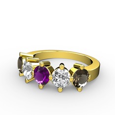 5 Taşlı Yüzük - Ametist, beyaz zirkon ve dumanlı kuvars 18 ayar altın yüzük #1vatzp5