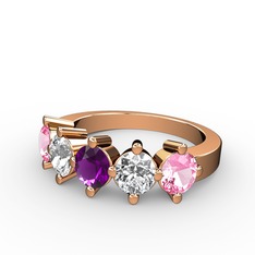 5 Taşlı Yüzük - Ametist, swarovski ve pembe kuvars 8 ayar rose altın yüzük #1vb6c16