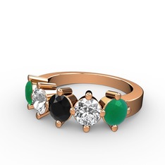5 Taşlı Yüzük - Siyah zirkon, swarovski ve kök zümrüt 14 ayar rose altın yüzük #1w41h91
