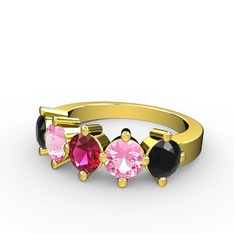 Rodolit garnet, pembe kuvars ve siyah zirkon 925 ayar altın kaplama gümüş yüzük