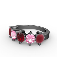 5 Taşlı Yüzük - Garnet, pembe kuvars ve kök yakut 925 ayar siyah rodyum kaplama gümüş yüzük #1wausrx