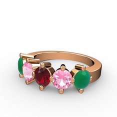 5 Taşlı Yüzük - Garnet, pembe kuvars ve kök zümrüt 14 ayar rose altın yüzük #1x4j4zw