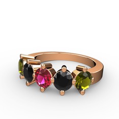 5 Taşlı Yüzük - Rodolit garnet, siyah zirkon ve peridot 14 ayar rose altın yüzük #1x7db06