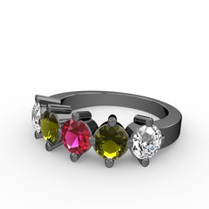 5 Taşlı Yüzük - Rodolit garnet, peridot ve beyaz zirkon 925 ayar siyah rodyum kaplama gümüş yüzük #1xazzyh