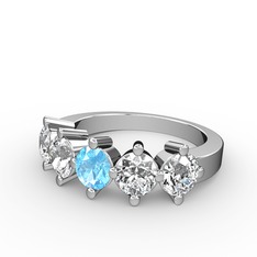 5 Taşlı Yüzük - Akuamarin, beyaz zirkon ve swarovski 18 ayar beyaz altın yüzük #1xe8llp